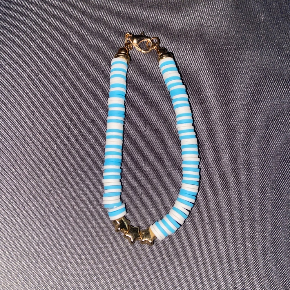Blue and White Beaded Bracelet with Gold Accents